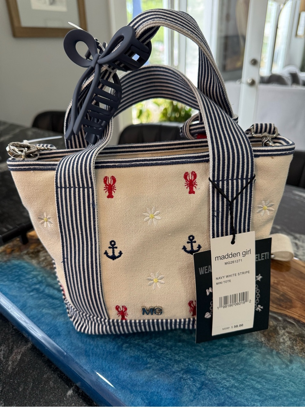 Adorable Nautical Canvas Handbag/Crossbody Bag with Red Lobster & Charms - Picture 8 of 10